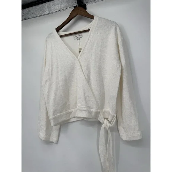 NWT White Wrap Sweater Top Tie Waist Long Sleeve Cozy Neutral Clean Girl Cottage - Picture 2 of 12